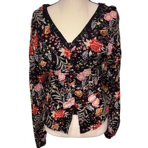 Floral Boho Lace Trim V-Neck Blouse Top Women L Black Wonderly